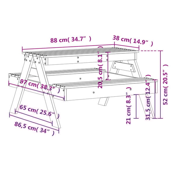 vidaXL Τραπέζι Πικνίκ για Παιδιά 88x97x52 εκ. Καφέ Μασίφ Ξύλο Πεύκου