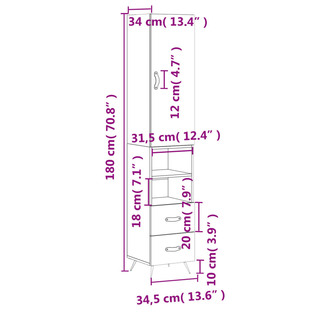 vidaXL Ντουλάπι Λευκό 34,5 x 34 x 180 εκ. από Επεξεργασμένο Ξύλο