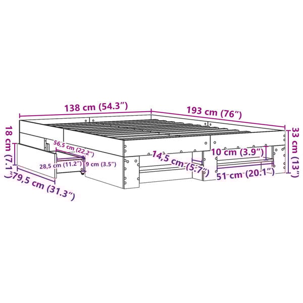 vidaXL Πλαίσιο Κρεβατιού Γκρι Sonoma 135x190 εκ. Επεξεργασμένο Ξύλο