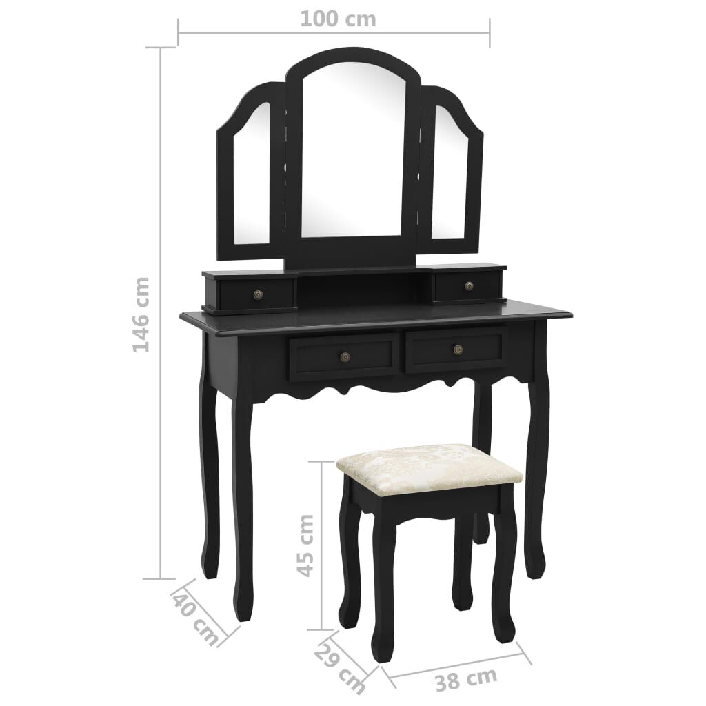 vidaXL Μπουντουάρ με Σκαμπό Μαύρο 100 x 40 x 146 εκ. Ξύλο Παυλώνιας