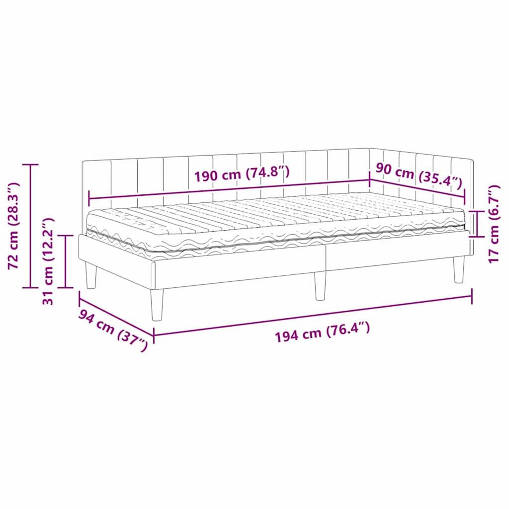 vidaXL Κρεβάτι Γωνίας με στρώμα με κεφαλάρι Ροζ 90 x 190 cm Βελούδο