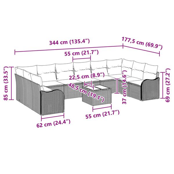 vidaXL Σετ Καναπέ Κήπου με μαξιλάρι 11 pcs Μαύρο και λευκό Πολυ ράταν