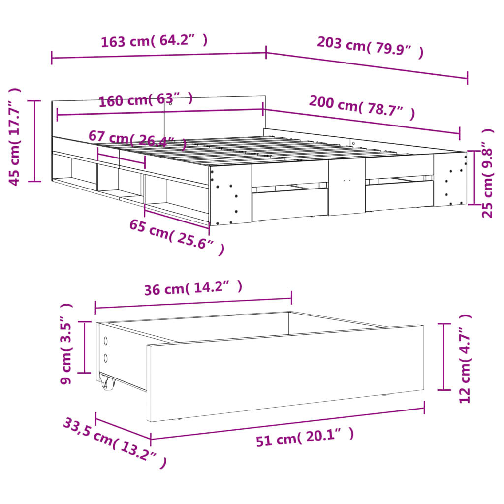 vidaXL Πλαίσιο Κρεβατιού με συρτάρια Γκρι sonoma 160x200εκ. Επεξ. Ξύλο