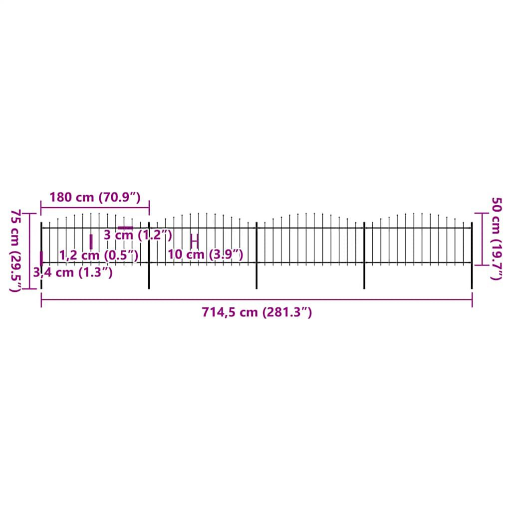 vidaXL Φράχτης Κήπου με Κορυφή Δόρυ από Ατσάλι 714,5x75 εκ. Μαύρος