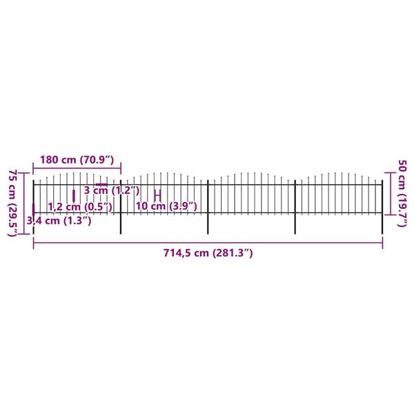 vidaXL Φράχτης Κήπου με Κορυφή Δόρυ από Ατσάλι 714,5x75 εκ. Μαύρος