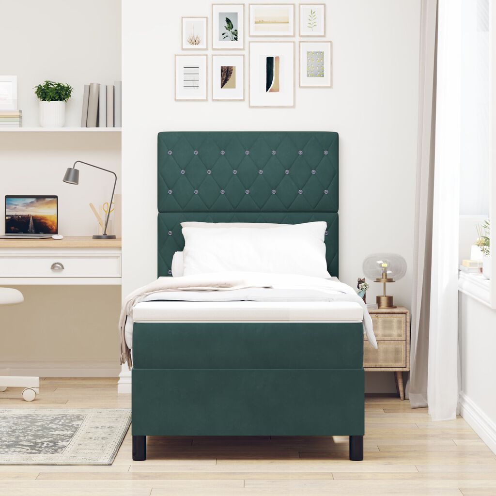 vidaXL κρεβάτι Box Spring με στρώμα και LED Σκούρο Πράσινο 90x190 εκ Βελούδο