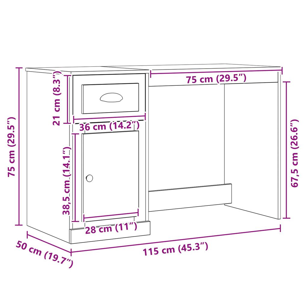 vidaXL Γραφείο Παλαιό ξύλο 50 x 115 x 75 εκ. Επεξεργασμένο ξύλο