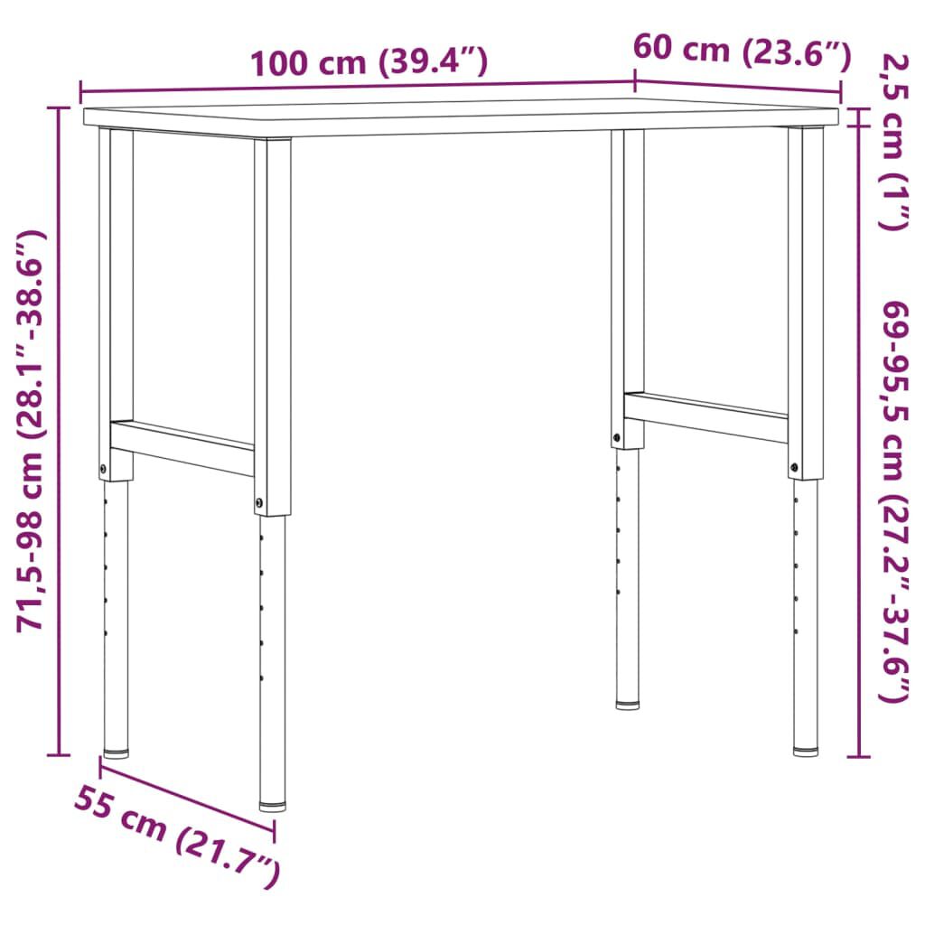 vidaXL Πάγκος Εργασίας Ορθογώνιος 100x60x(71,5-98) εκ Μασίφ Ξύλο Δρυός
