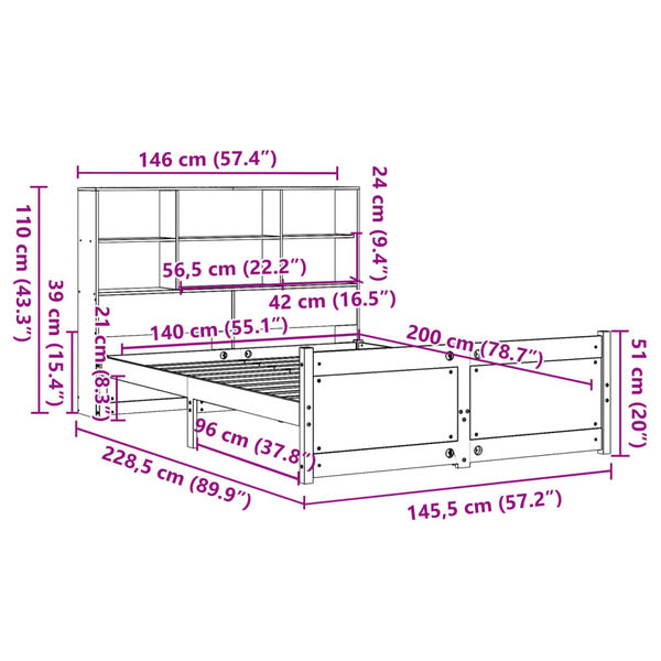 vidaXL Κρεβάτι Βιβλιοθήκη Χωρίς Στρώμα 140x200 εκ Μασίφ Ξύλο Πεύκο