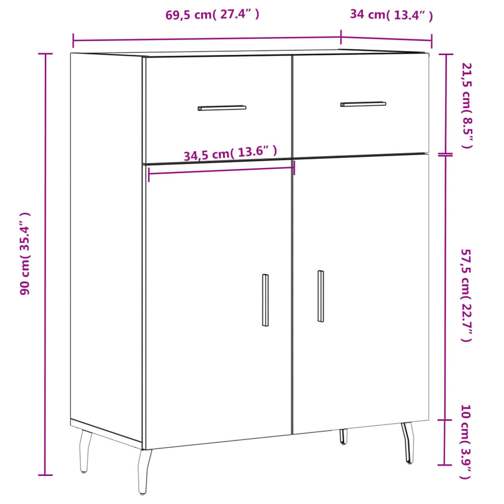 vidaXL Ντουλάπι Γυαλιστερό Λευκό 69,5x34x90 εκ. Επεξεργασμένο Ξύλο
