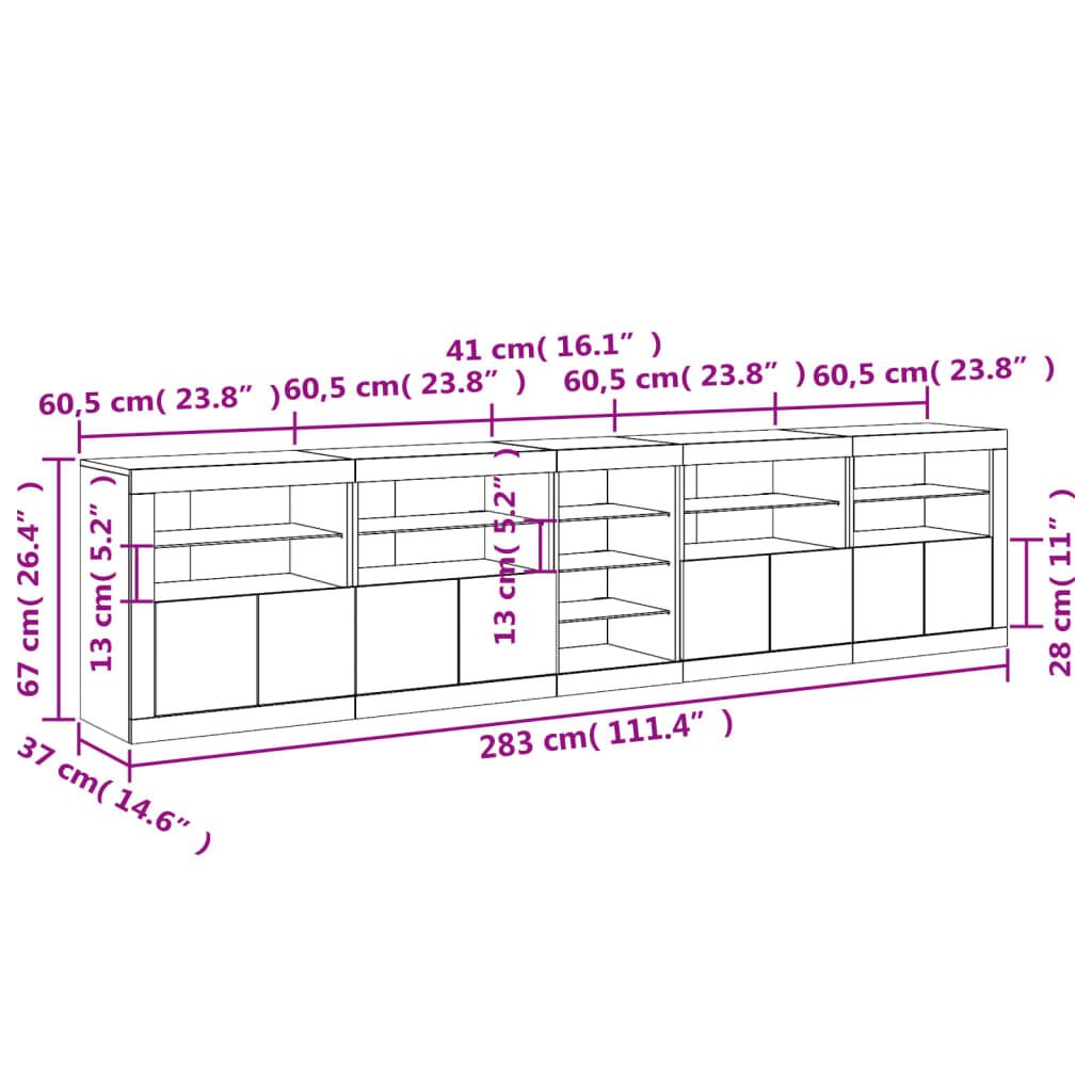 vidaXL Μπουφές με Φώτα LED Λευκός 283 x 37 x 67 εκ.