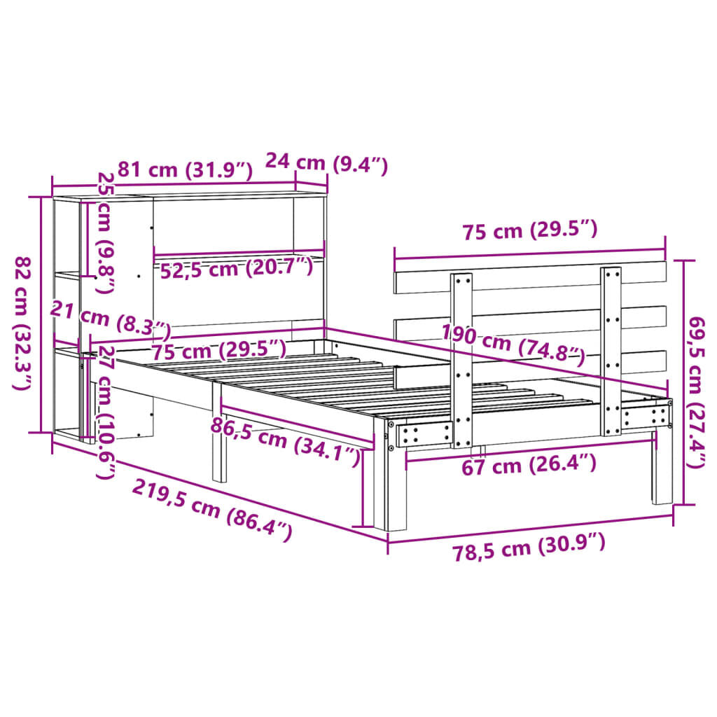 vidaXL Κρεβάτι Βιβλιοθήκη Χωρίς Στρώμα 75x190 εκ Μασίφ Ξύλο Πεύκου