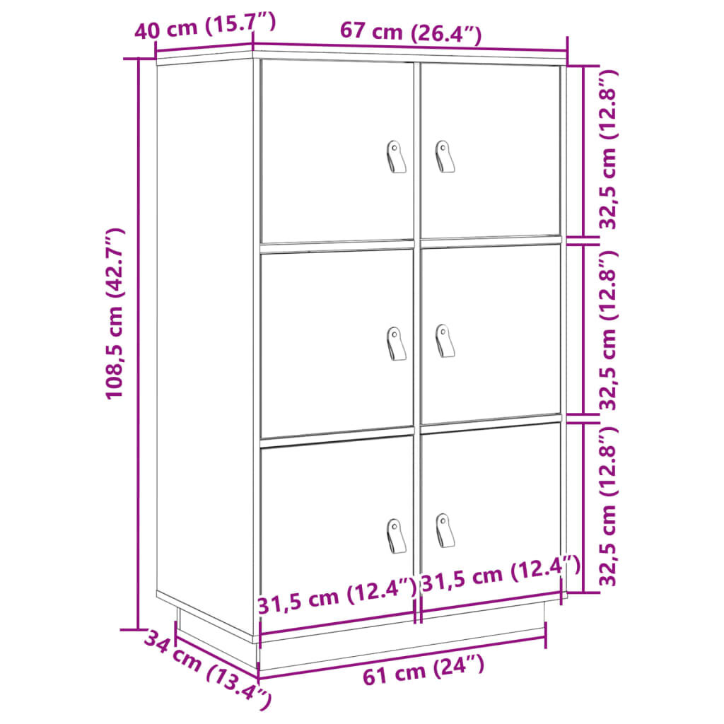 vidaXL Ντουλάπι Ψηλό Μαύρο 67x40x108,5 εκ. από Μασίφ Ξύλο Πεύκου