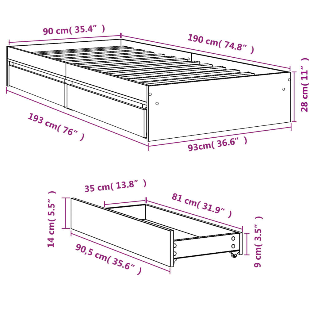 vidaXL Πλαίσιο Κρεβατιού με Συρτάρια Sonoma Δρυς 90x190εκ. Επεξ. Ξύλο