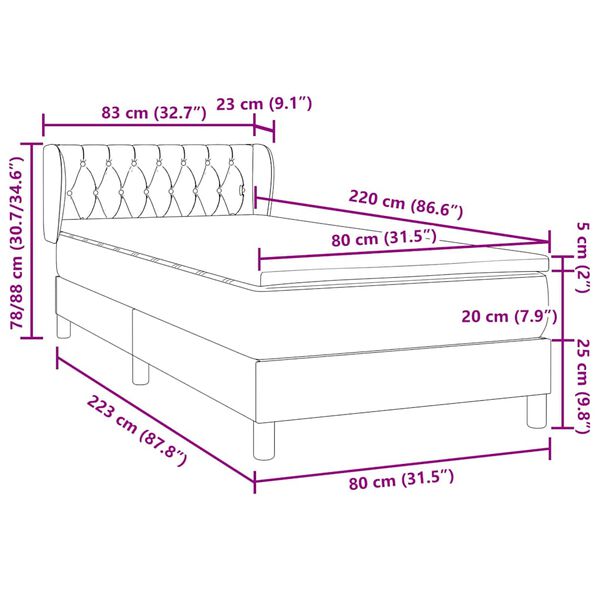 vidaXL Κρεβάτι Boxspring με Στρώμα Σκούρο Γκρι 80x220 εκ. Βελούδινο