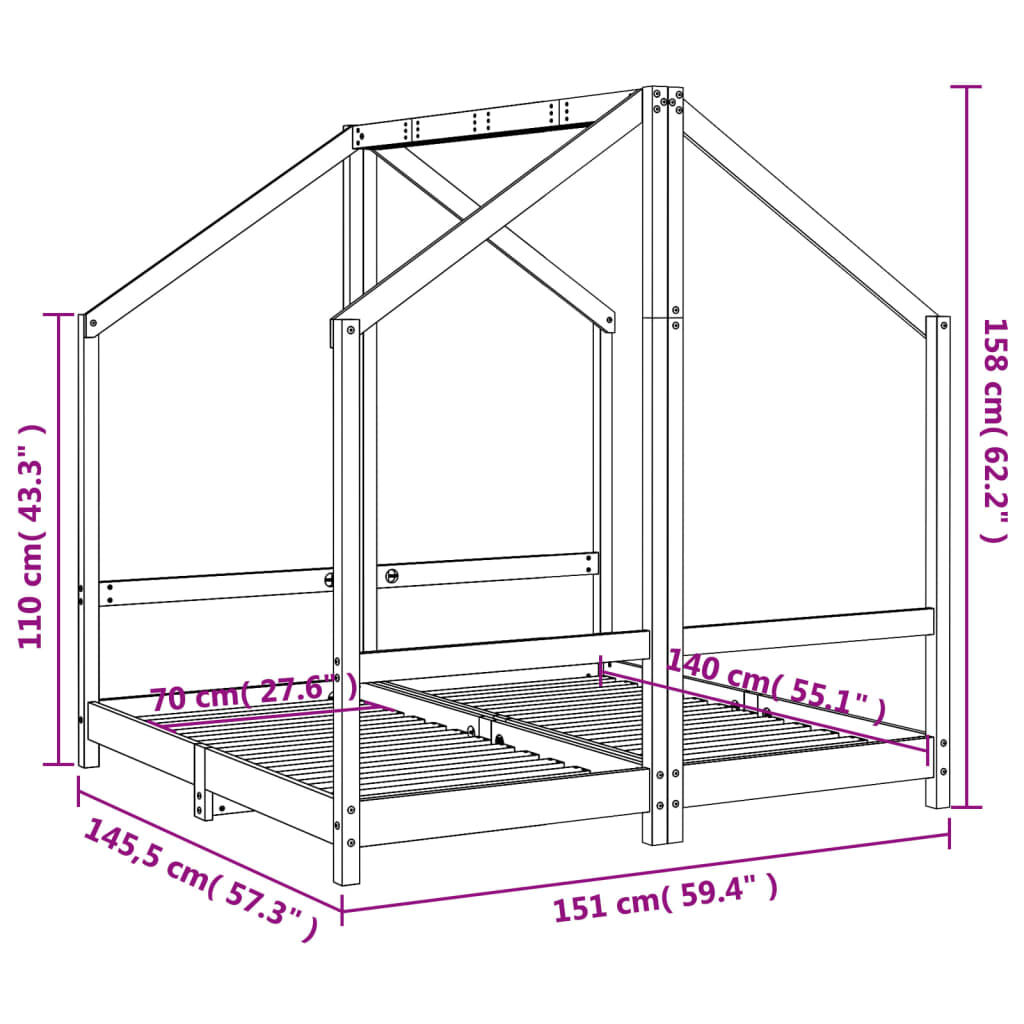 vidaXL Πλαίσιο Κρεβατιού Μαύρο 2x(70x140) εκ. από Μασίφ Ξύλο Πεύκου