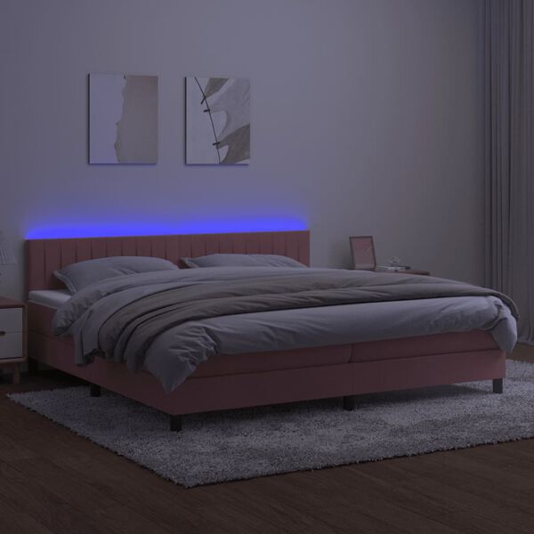 vidaXL Κρεβάτι Boxspring με Στρώμα & LED Ροζ 200x200 εκ. Βελούδινο