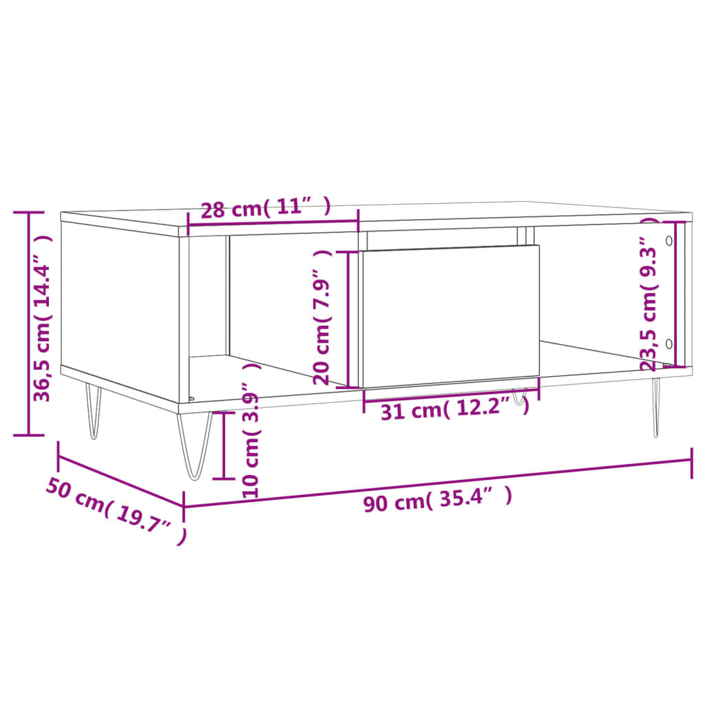 vidaXL Τραπεζάκι Σαλονιού Γυαλ. Λευκό 90x50x36,5 εκ. Επεξεργ. Ξύλο