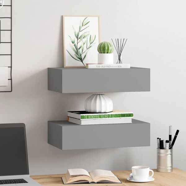 vidaXL Ράφια Τοίχου με Συρτάρια 2 Τεμ. Γκρι 40 x 23,5 x 10εκ. από MDF