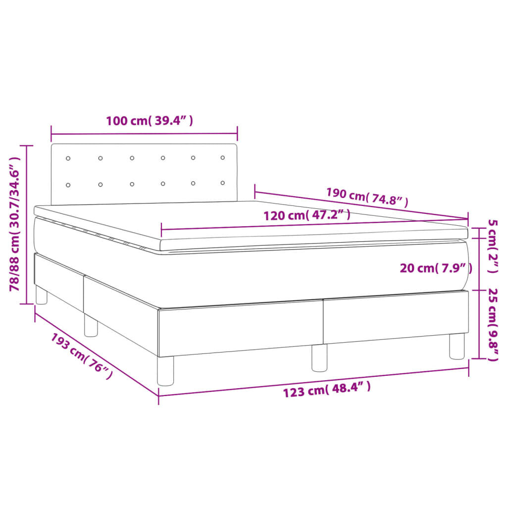 vidaXL Κρεβάτι Boxspring με Στρώμα & LED Σκ.Γκρι 120x190εκ. Υφασμάτινο