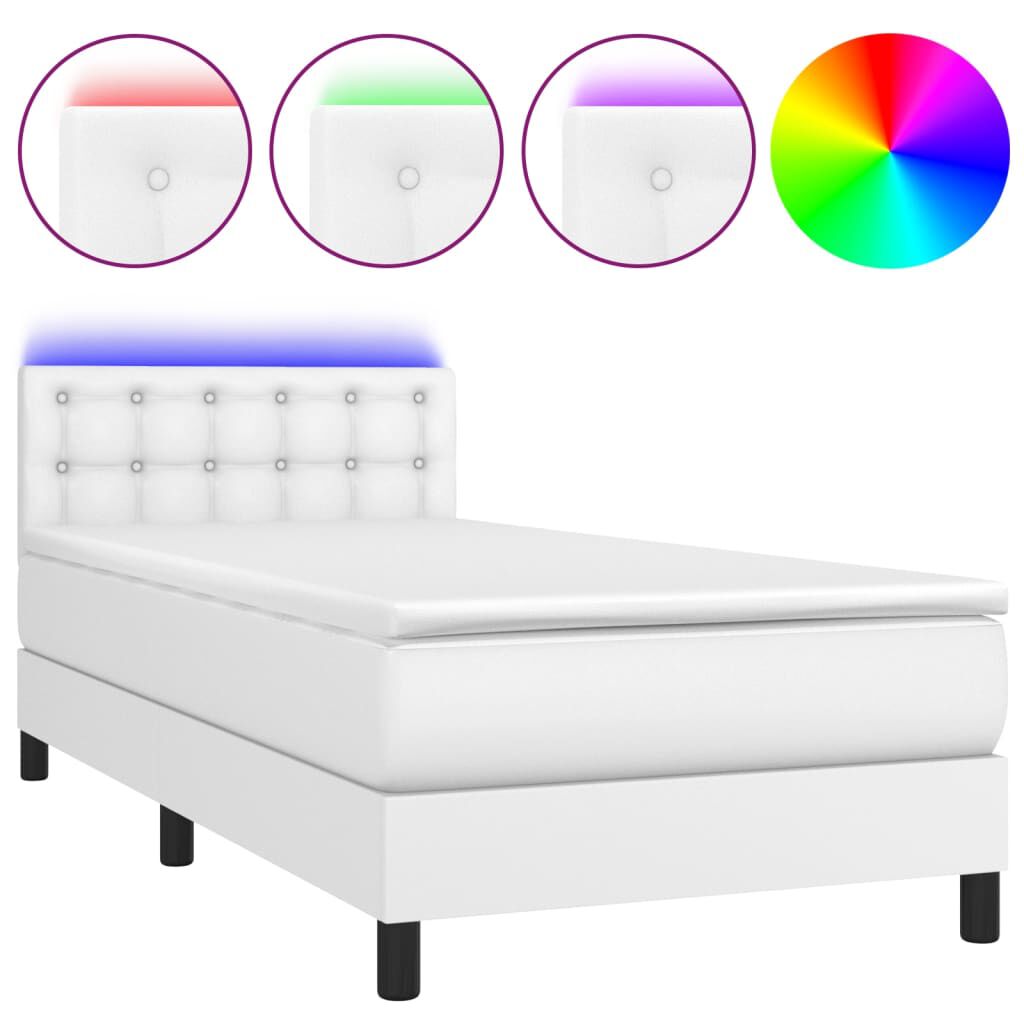 vidaXL Κρεβάτι Boxspring με Στρώμα & LED Λευκό 100x200 εκ. Συνθ. Δέρμα