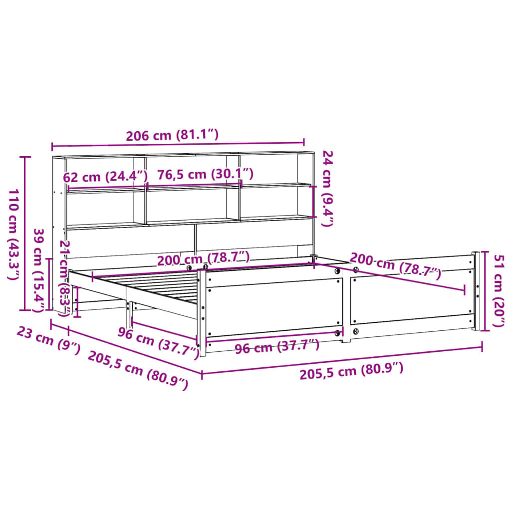 vidaXL Κρεβάτι Βιβλιοθήκη Χωρίς Στρώμα 200x200 εκ Μασίφ Ξύλο Πεύκου