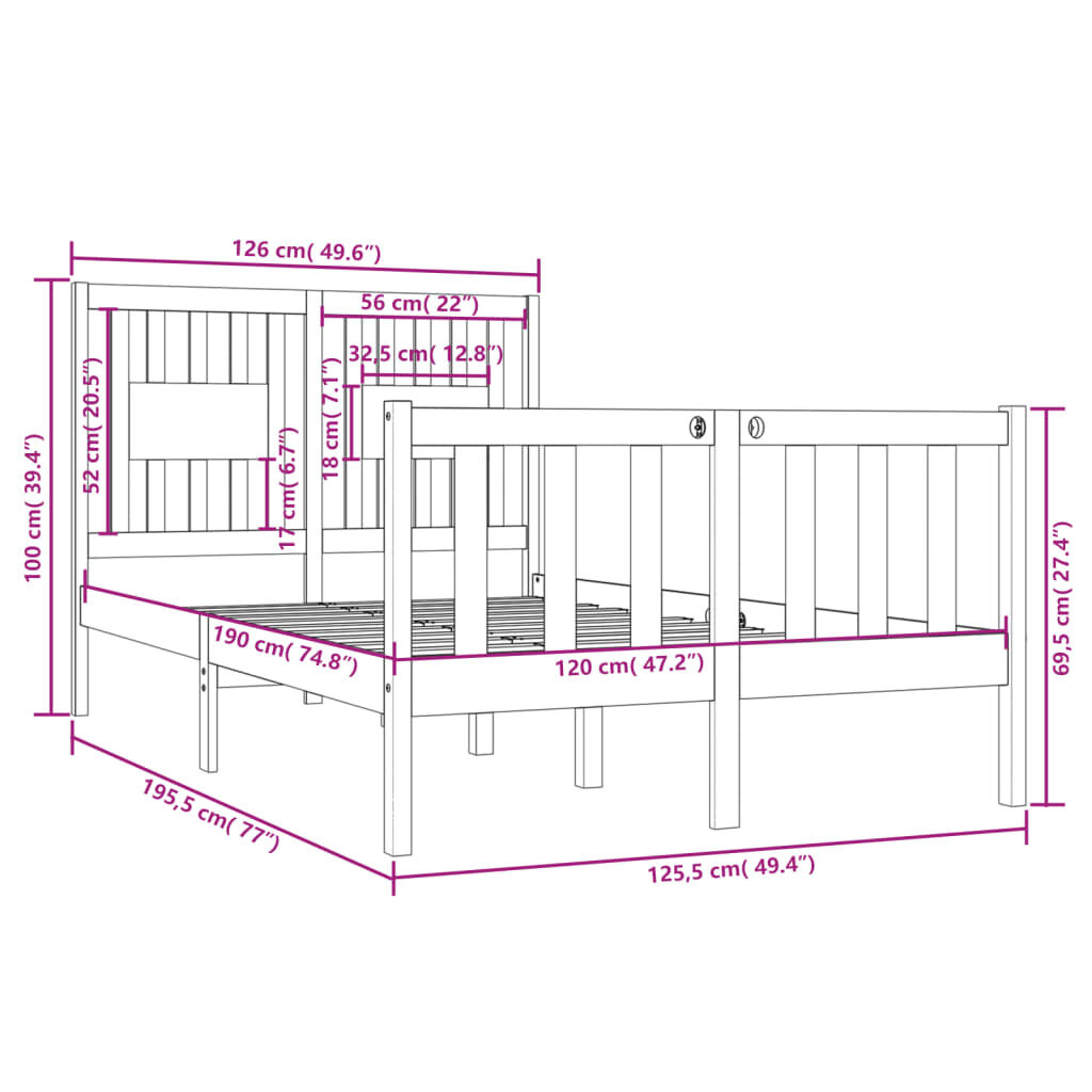 vidaXL Πλαίσιο Κρεβατιού 120 x 190 εκ. από Μασίφ Ξύλο Small Double