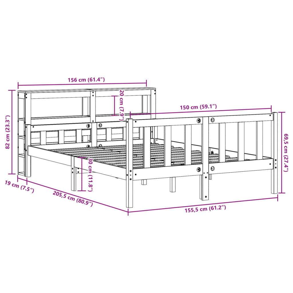 vidaXL Πλαίσιο Κρεβατιού με Κεφαλάρι Μελί 150x200εκ. Μασίφ Ξύλο Πεύκου