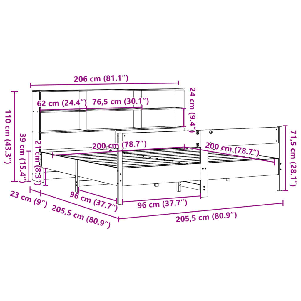 vidaXL Κρεβάτι Βιβλιοθήκη Χωρίς Στρώμα 200x200 εκ Μασίφ Ξύλο Πεύκου
