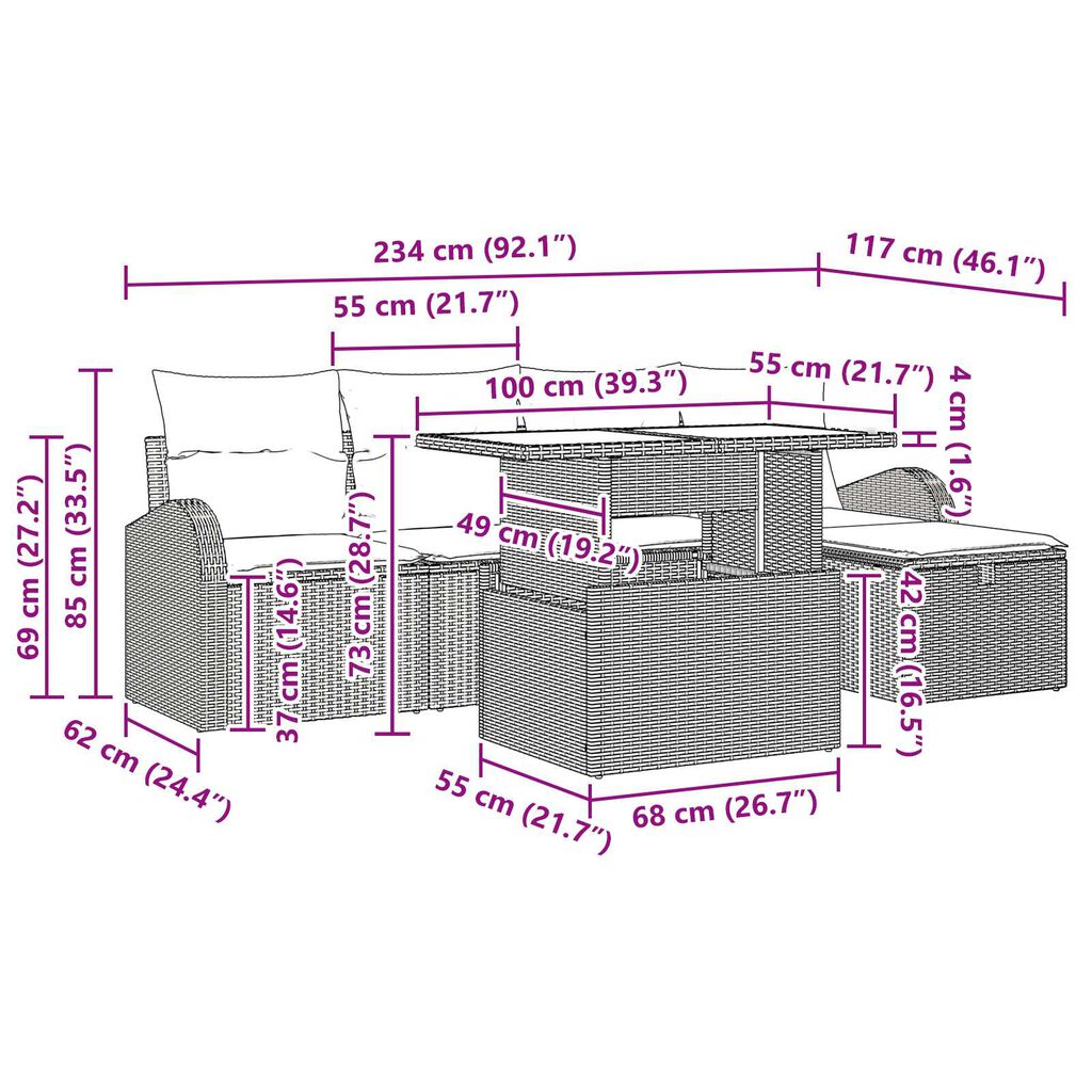 vidaXL Σετ Καναπέ Κήπου με μαξιλάρι 6 pcs Γκρι Πολυ ράταν