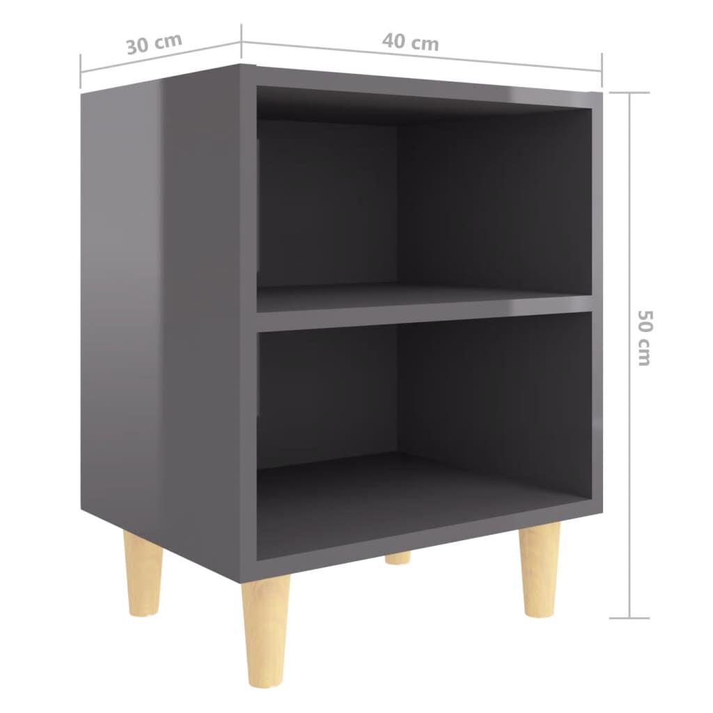 vidaXL Κομοδίνα 2 τεμ. Γυαλιστ. Γκρι 40x30x50εκ. με Μασίφ Ξύλινα Πόδια