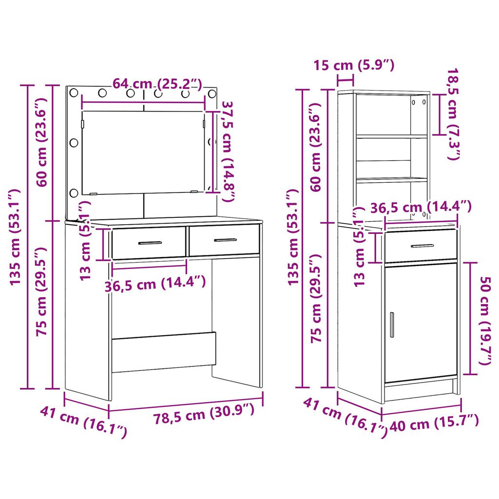 Σετ από Dressing Table 2 Τεμαχίων vidaXL με LED σε Σομόνα Δρυς