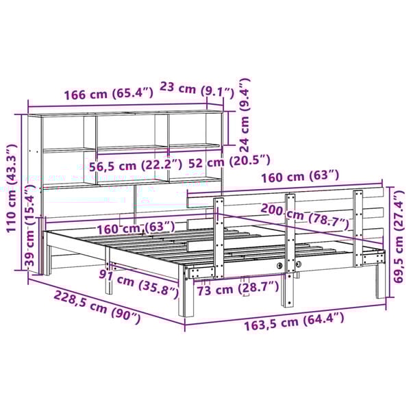 vidaXL Κρεβάτι Βιβλιοθήκη Χωρίς Στρώμα 160x200 εκ Μασίφ Ξύλο Πεύκου