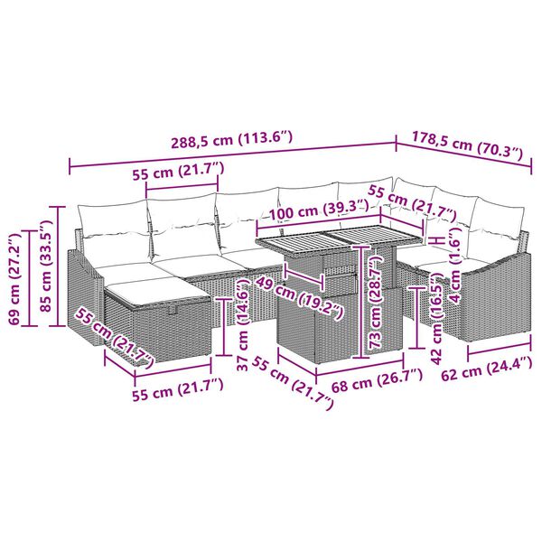 vidaXL Σετ Καναπέ Κήπου Ρυθμιζόμενο ύψος 9 pcs Γκρι συνθετικό ρατάν