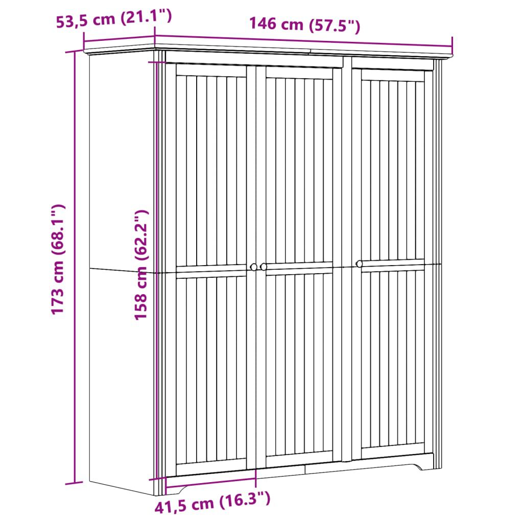 vidaXL Ντουλάπα BODO Λευκή 146x53,5x173 εκ. από Μασίφ Ξύλο Πεύκου