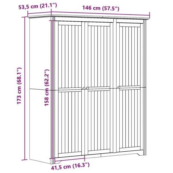 vidaXL Ντουλάπα BODO Λευκή 146x53,5x173 εκ. από Μασίφ Ξύλο Πεύκου