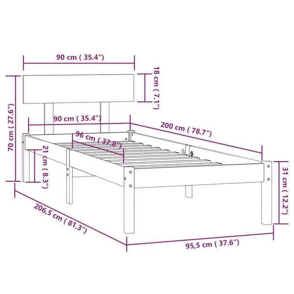 vidaXL Πλαίσιο Κρεβατιού 90 x 200 εκ. από Μασίφ Ξύλο Πεύκου