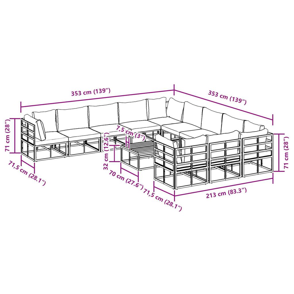 vidaXL Σετ Καναπέ Κήπου 12 pcs Μαύρο 70 x 70 x 32 εκ Αλουμίνιο