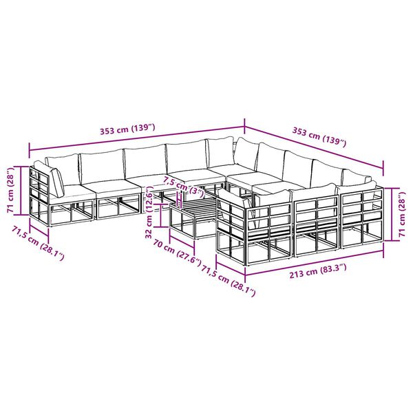 vidaXL Σετ Καναπέ Κήπου 12 pcs Μαύρο 70 x 70 x 32 εκ Αλουμίνιο