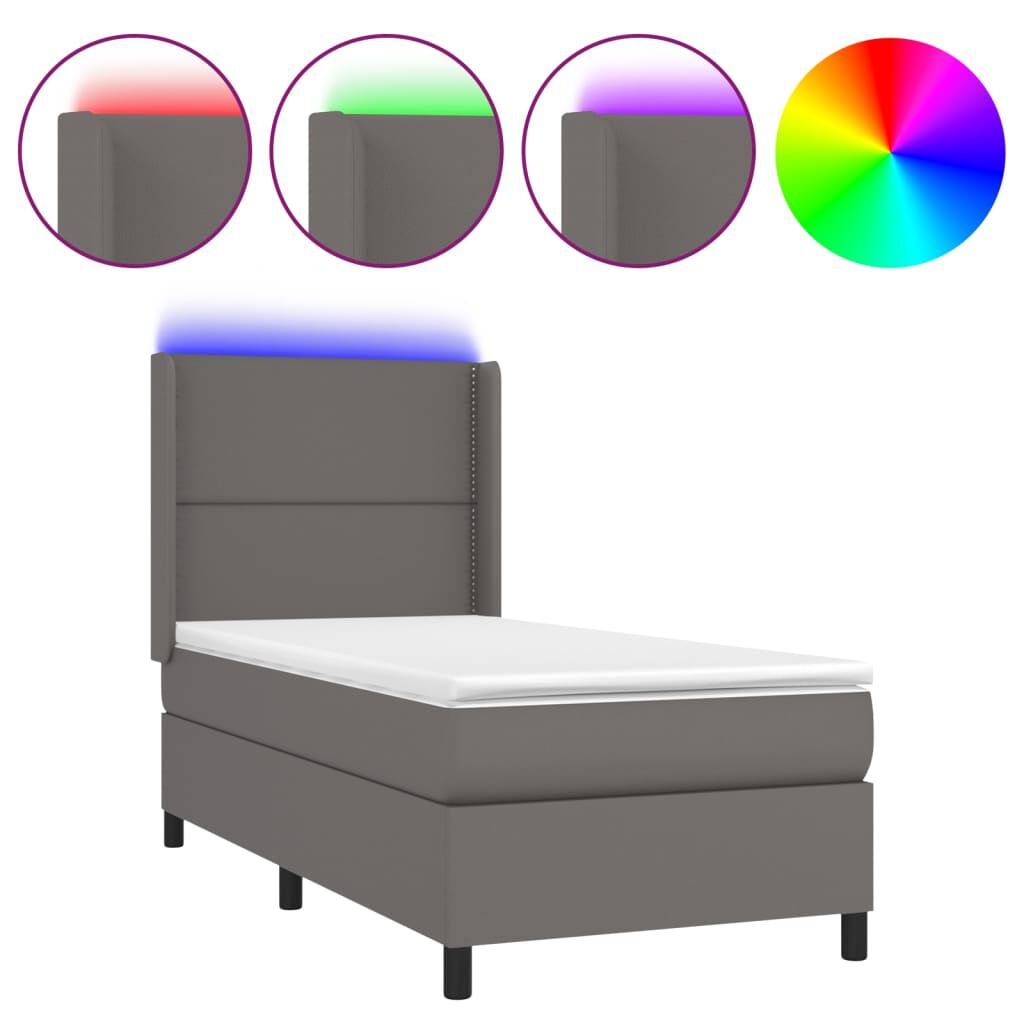 vidaXL Κρεβάτι Boxspring με Στρώμα & LED Γκρι 90x190 εκ. Συνθ. Δέρμα
