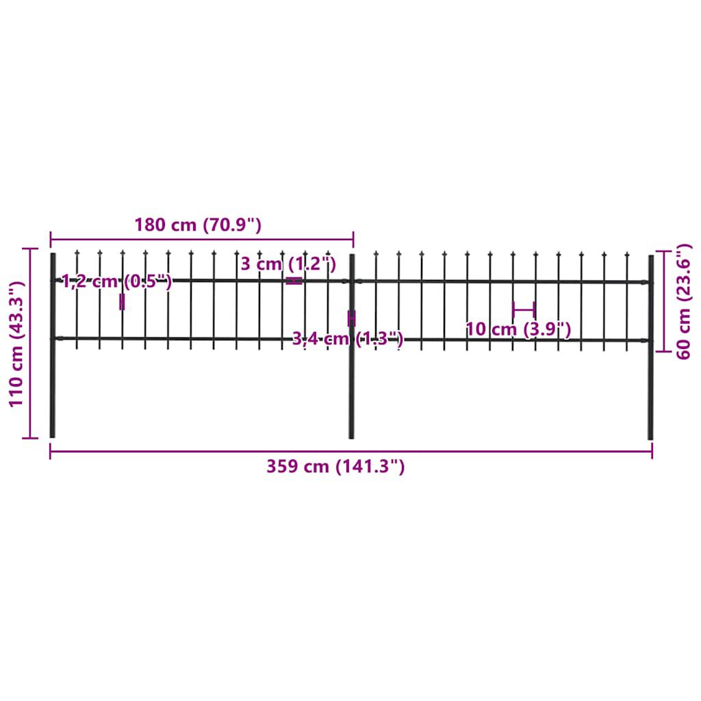 vidaXL Κάγκελα Περίφραξης με Λόγχες Μαύρα 3,4 x 0,6 μ. από Χάλυβα