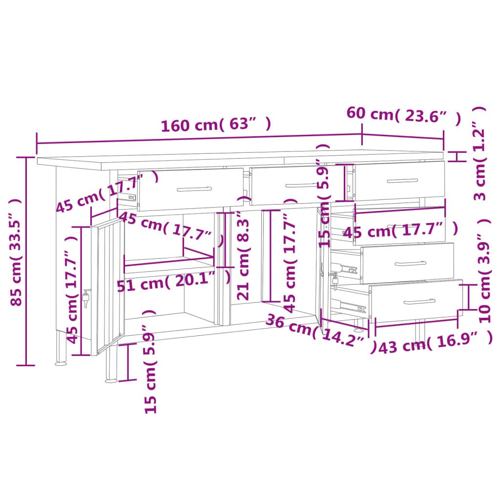 vidaXL Πάγκος Εργασίας Μαύρος 160 x 60 x 85 εκ. Ατσάλινος