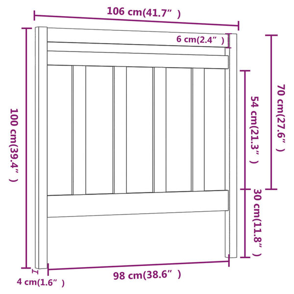 vidaXL Κεφαλάρι Κρεβατιού Μαύρο 106 x 4 x 100 εκ. Μασίφ Ξύλο Πεύκου