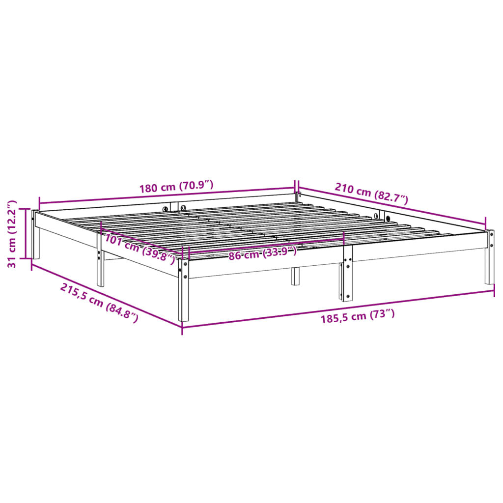 vidaXL Πλαίσιο Κρεβατιού Μακρύ Χωρίς Στρώμα 180x210 εκ Μασίφ Πεύκο