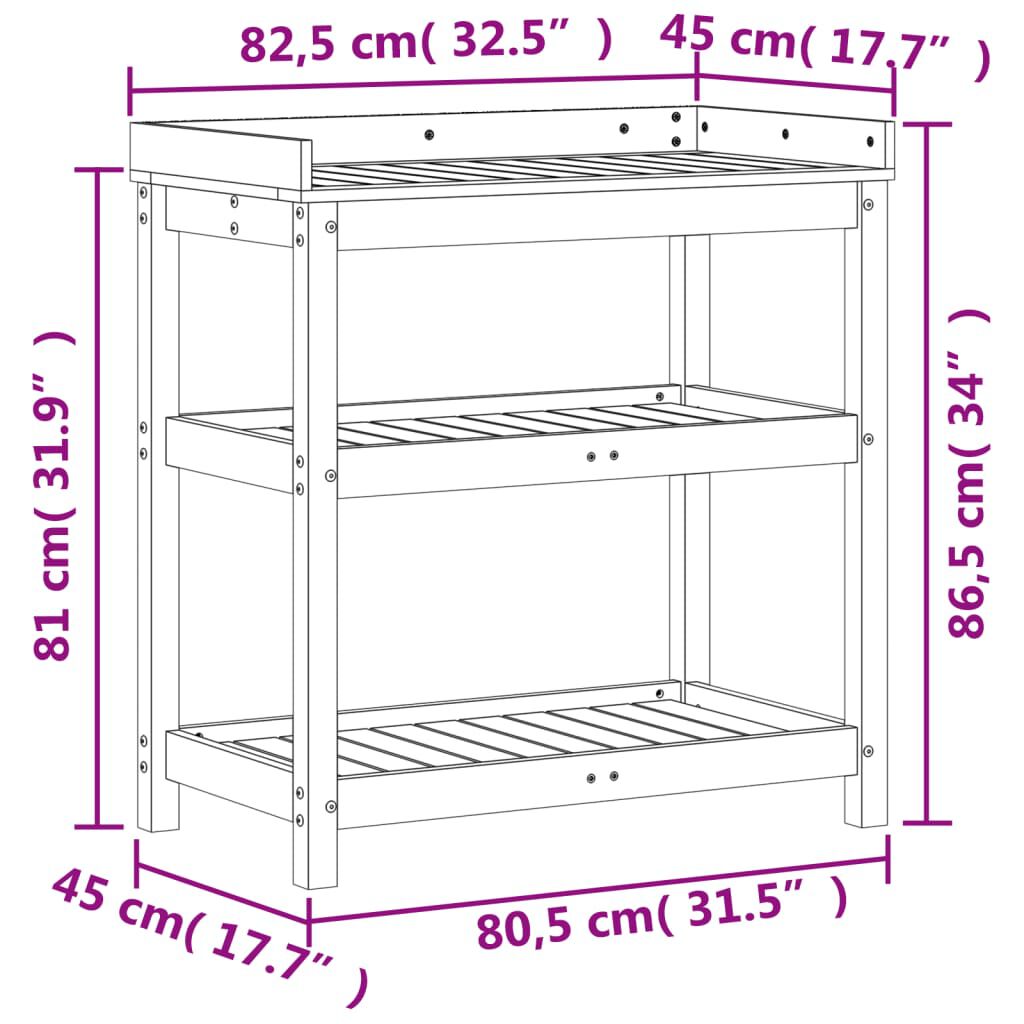 vidaXL Τραπέζι Κηπουρικής με Ράφια Καφέ 82,5x45x86,5 εκ. Μασίφ Πεύκο