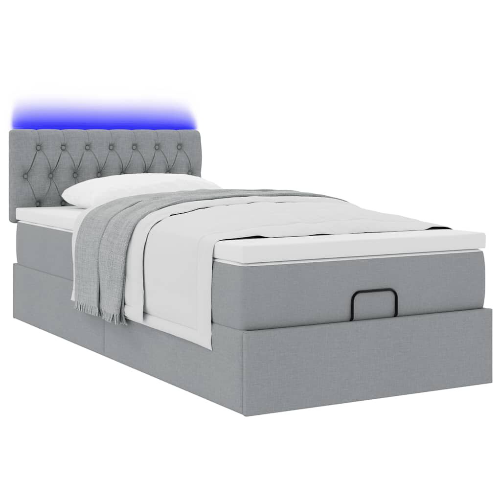 vidaXL Οθωμανικό κρεβάτι με στρώμα & LEDs Ανοιχτό γκρι 90x200cm Ύφασμα