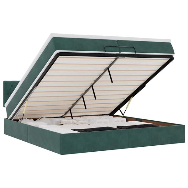 vidaXL Οθωμανικό κρεβάτι με στρώματα & LEDs Σκούρο πράσινο Βελούδο