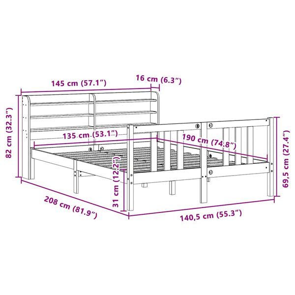 vidaXL Πλαίσιο Κρεβατιού με Κεφαλάρι 135x190 εκ. από Μασίφ Ξύλο Πεύκου