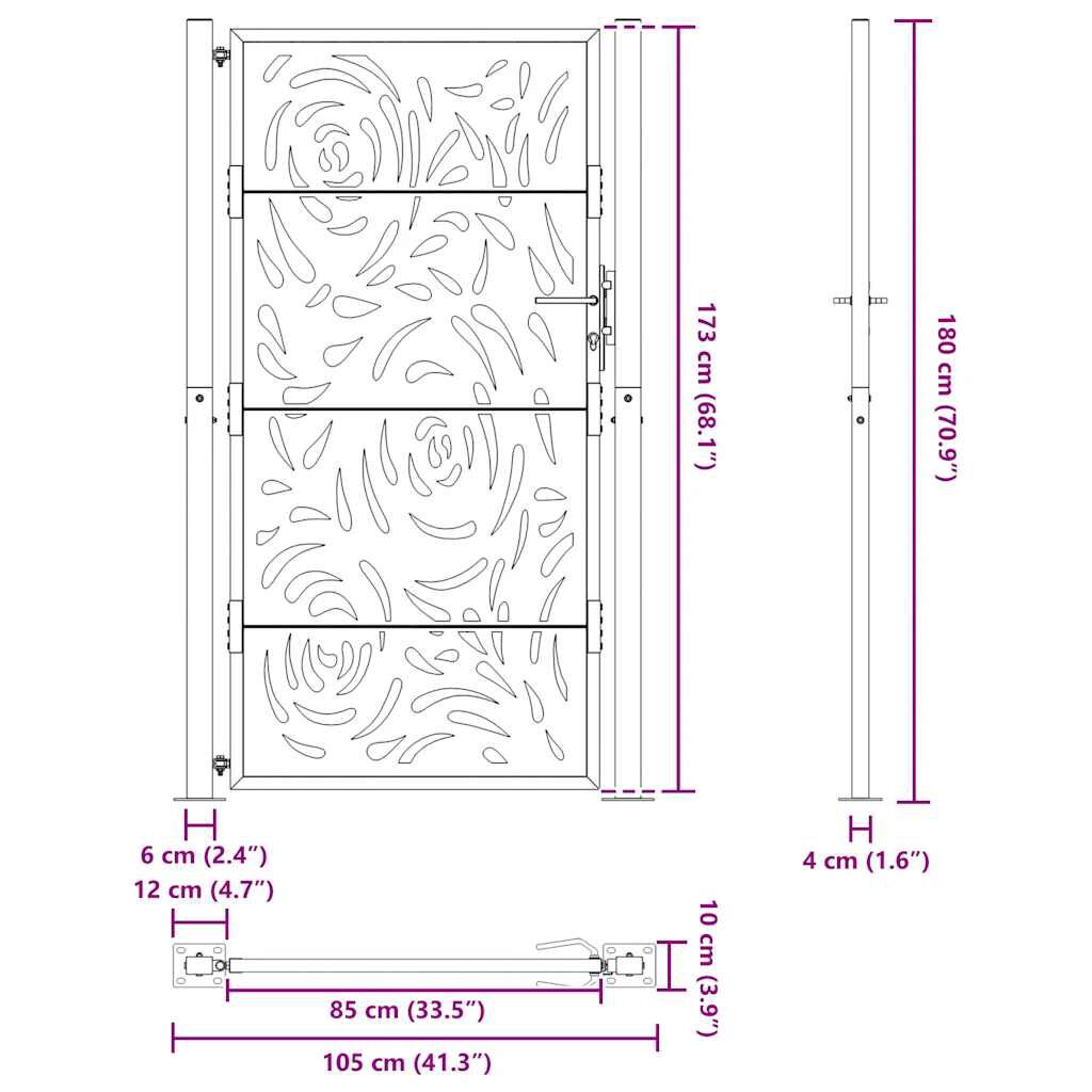 vidaXL Πύλη κήπου Μαύρη 105x180 cm Ατσάλινη φλόγα σχεδιασμού