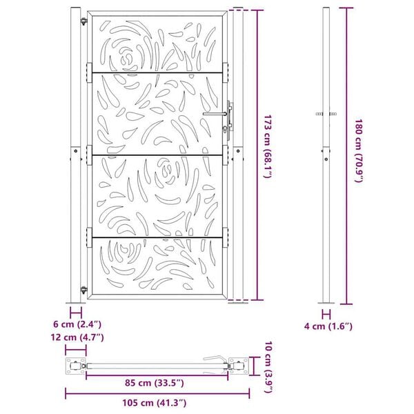 vidaXL Πύλη κήπου Μαύρη 105x180 cm Ατσάλινη φλόγα σχεδιασμού